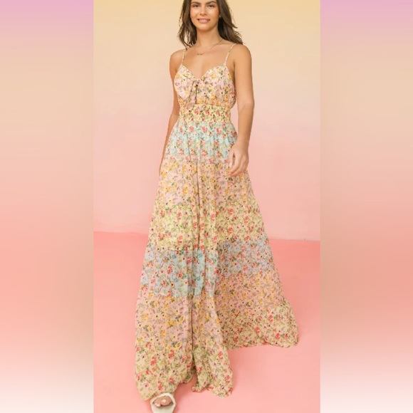 ✨NEW LIST✨ Tiny Flowers Tie Front Pastel Spaghetti Strap Maxi Dress - Picture 5 of 5